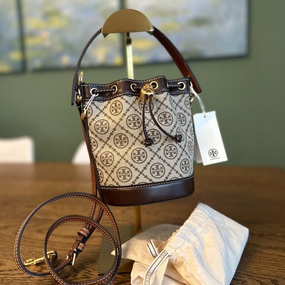 NWT! NEW Tory Burch T Monogram Jacquard Mini Bucket Bag -Tan -leather trim - Picture 6 of 14